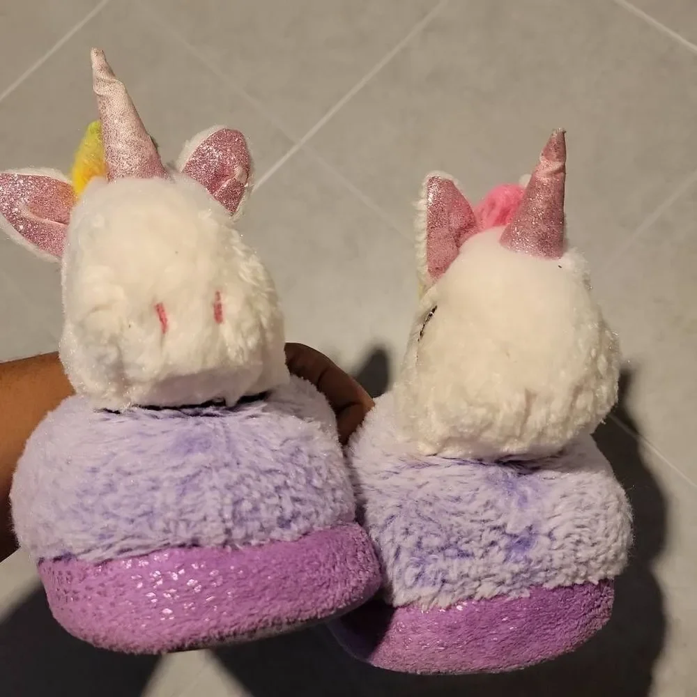 Wonder Nation Girl's Plush 3D Unicorn Purple Scuff Slip-on Slippers Size 13-1